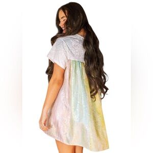 Queen of Sparkles White Iridescent Sequin Cape Back Dress M New without Tags